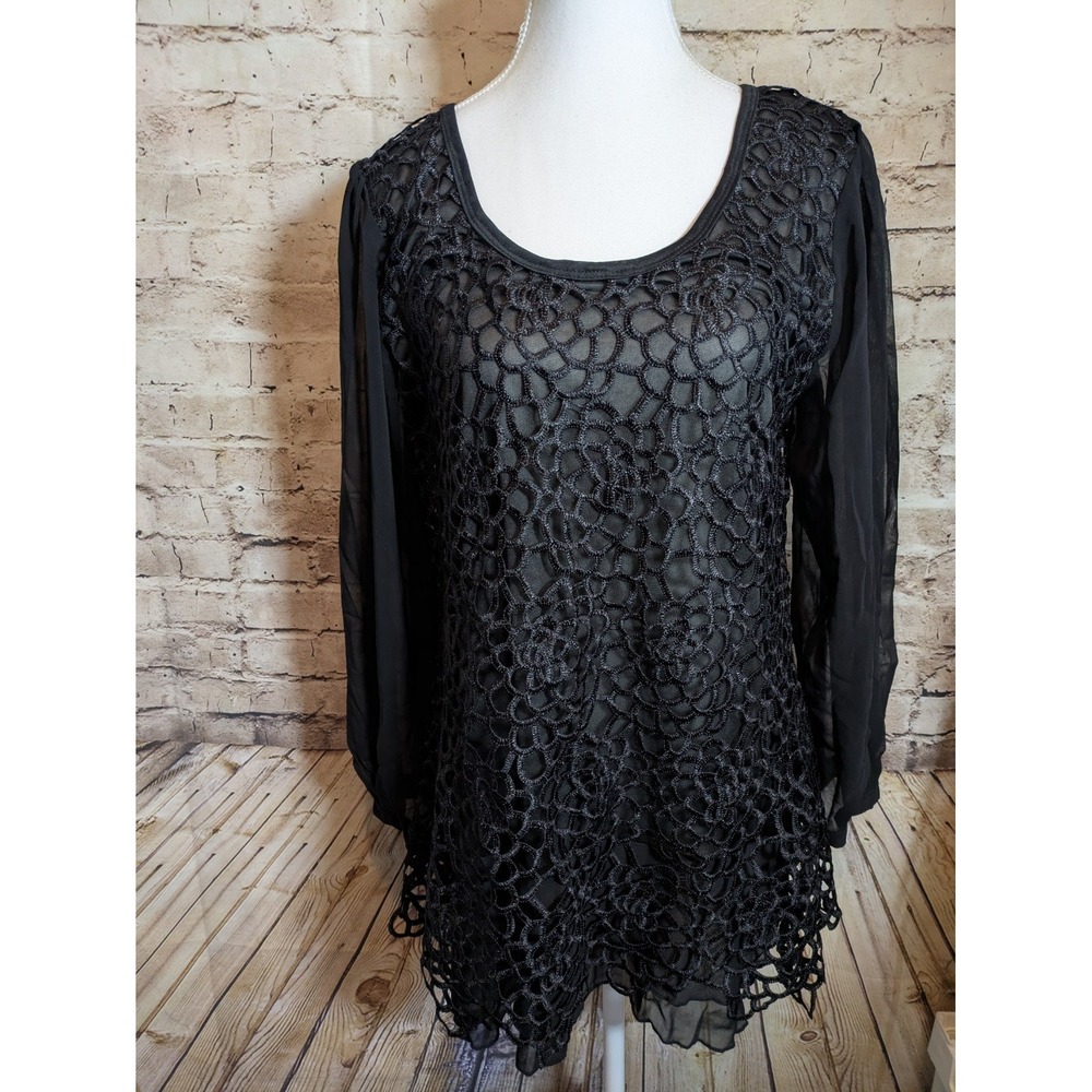 Pretty Angel Silk Top Large Black All Over Embroidered Overlay Dark Romantic